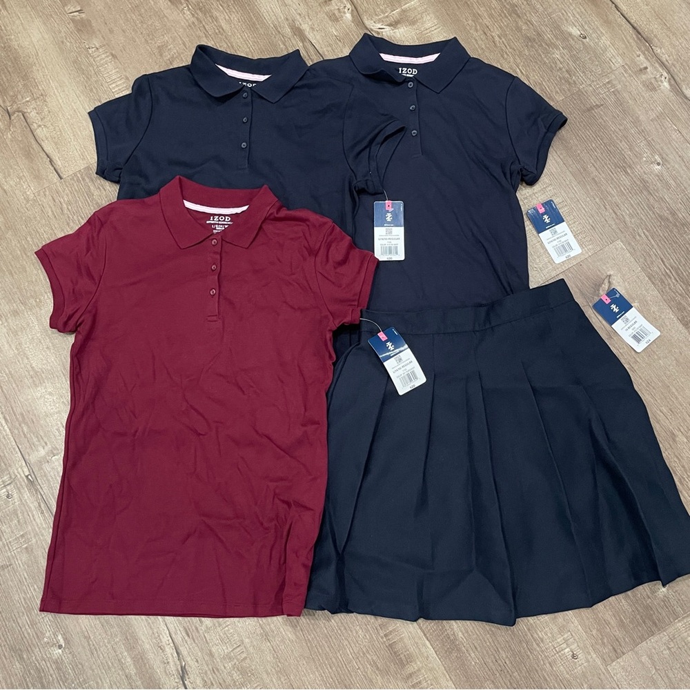 NEW IZOD Girls School Uniform Set 4pc 3 Polo 1 Pleated Skort Navy Burgundy 14/16